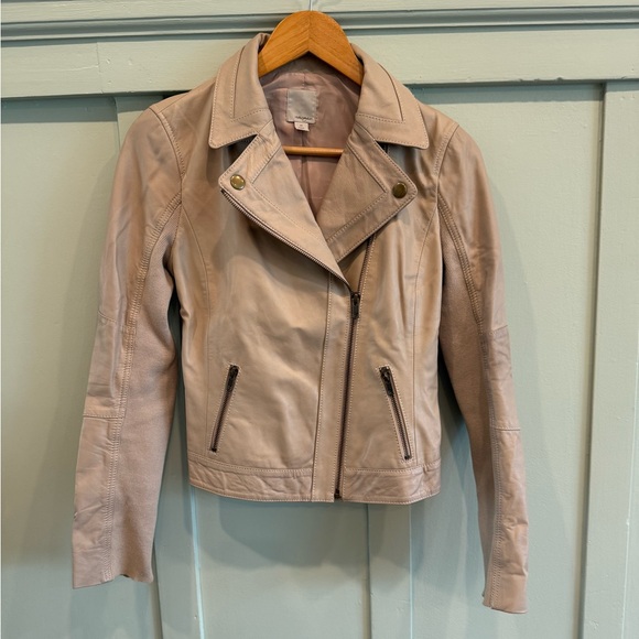 Halogen Taupe/Pink Leather Moto Jacket with Asymmetrical Zipper - Womens Size XS - Picture 1 of 5